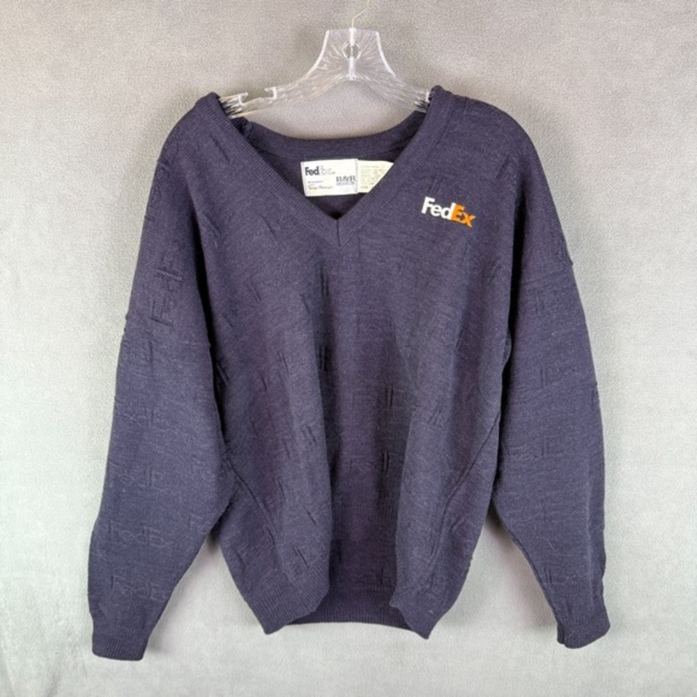 Vintage FedEx Stan Herman Mens‎ Sweater XL Navy Blue All Over Print 80s 90s Rare